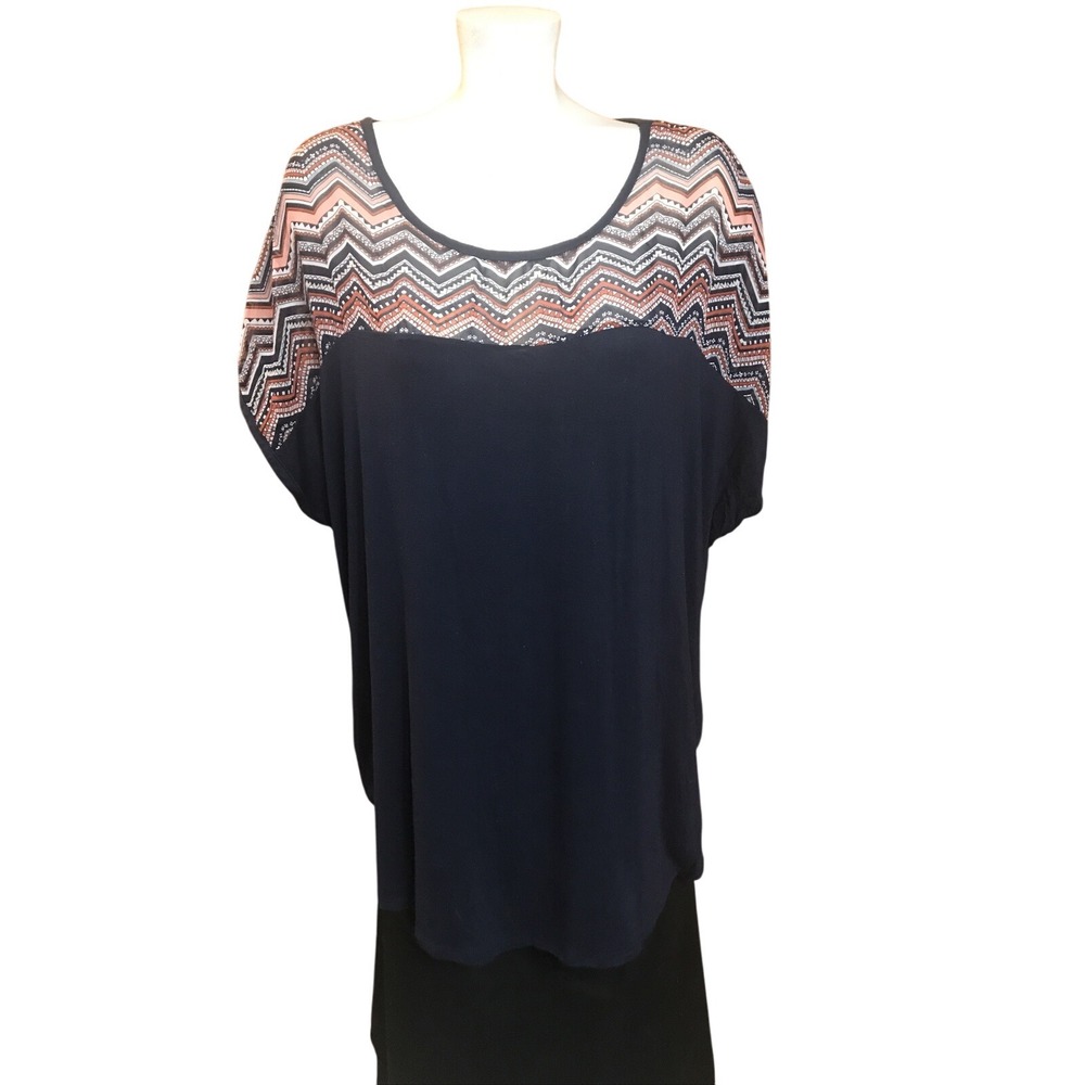 Chic Chevron Print Top Navy Blue Dolman Short Sleeve Blouse